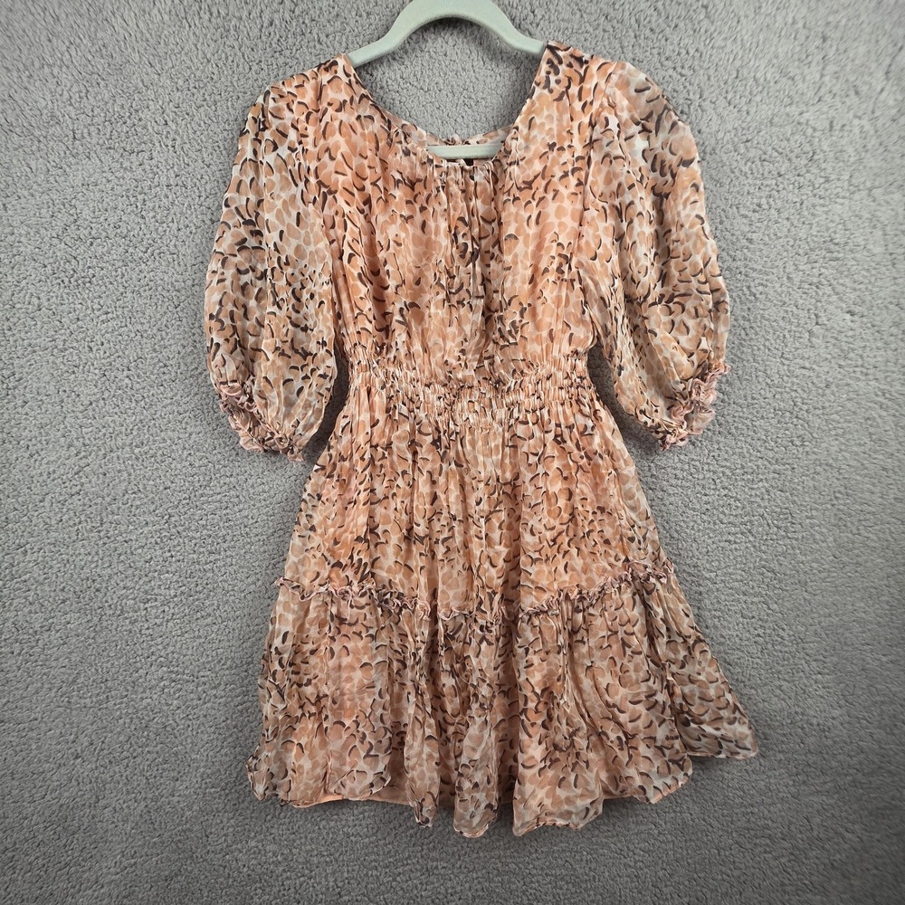 Max C Dress Womens Small Beige Animal Print Silk Chiffon Puff Sleeve Fit & Flare